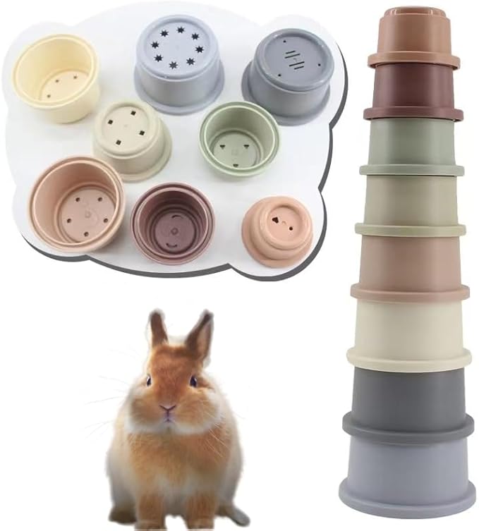 8 Pcs Stacking Cups for Rabbits,Multi Colored Reusable Bunny Toys of Different Sizes, Safe Plastic Pet Nesting Toys, Chinchilla, Guinea Pig for Hiding Food and Playing