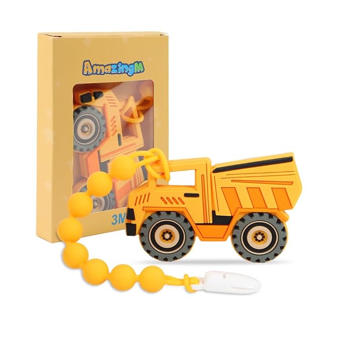 Baby Food Grade Silicone Carrier Vehicle Teether Toy with Pacifier Clip Holder,Teething Toys Gift Set for 3 Months+ Boys and Girls,Freezer Safe,BPA Free. (Dump Truck)