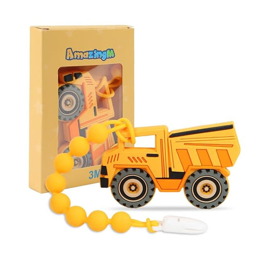 Baby Food Grade Silicone Carrier Vehicle Teether Toy with Pacifier Clip Holder,Teething Toys Gift Set for 3 Months+ Boys and Girls,Freezer Safe,BPA Free. (Dump Truck)