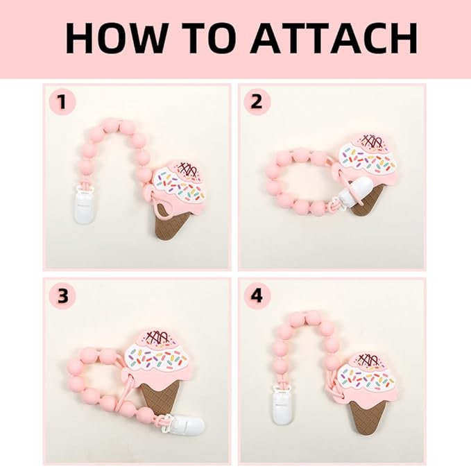 Baby Food Grade Silicone Teether Toy with One Piece Design Pacifier Clip Holder,Teething Toys Gift Set for 3 Months+ Boys and Girls,Freezer Safe,BPA Free. (Ice Cream)