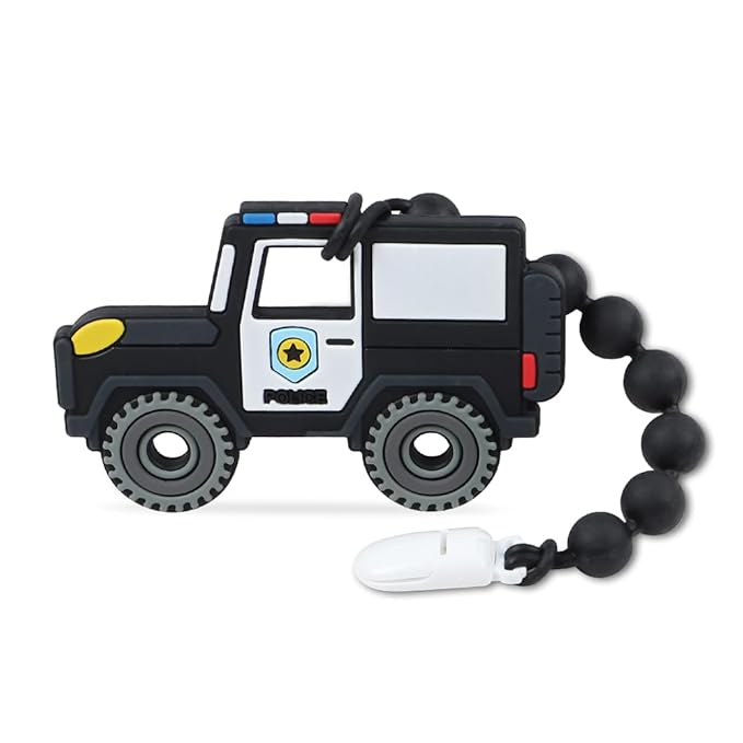 Baby Construction Vehicles Teething Toys,Food Grade Silicone Teether with One-Piece Pacifier Clip Holder,Shower Gift for 3 Months+ Boy and Girl,BPA Free,Freezer Safe. (Police Car)