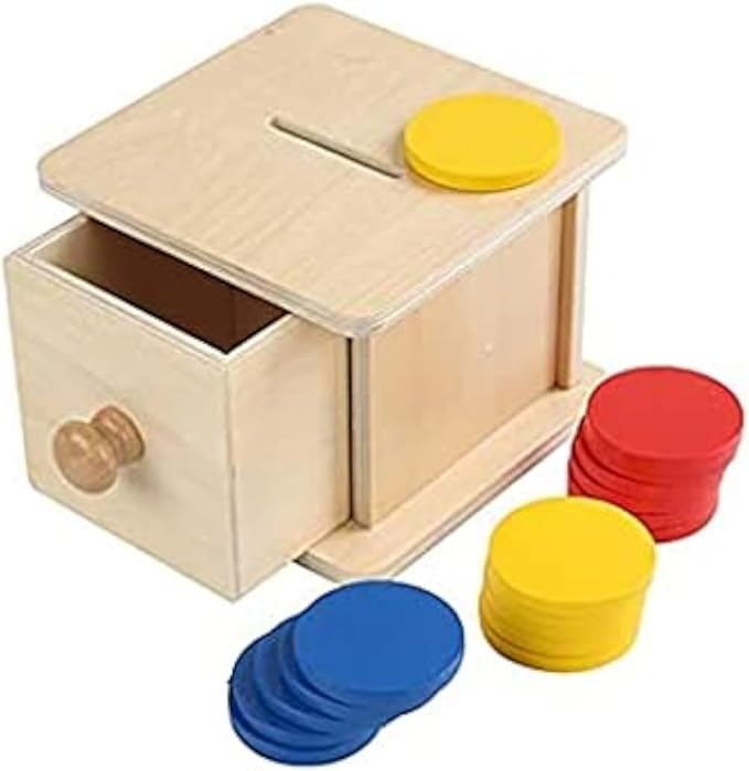 Adena Montessori Coin Box,Object Permanence Box Toys for 1 Year Old Baby Coins,Wooden Montessori Ball Drop Developmental Toys for 6-12 Month Infant,Learning Kids Gifts(Typical Drawer Comes Out)