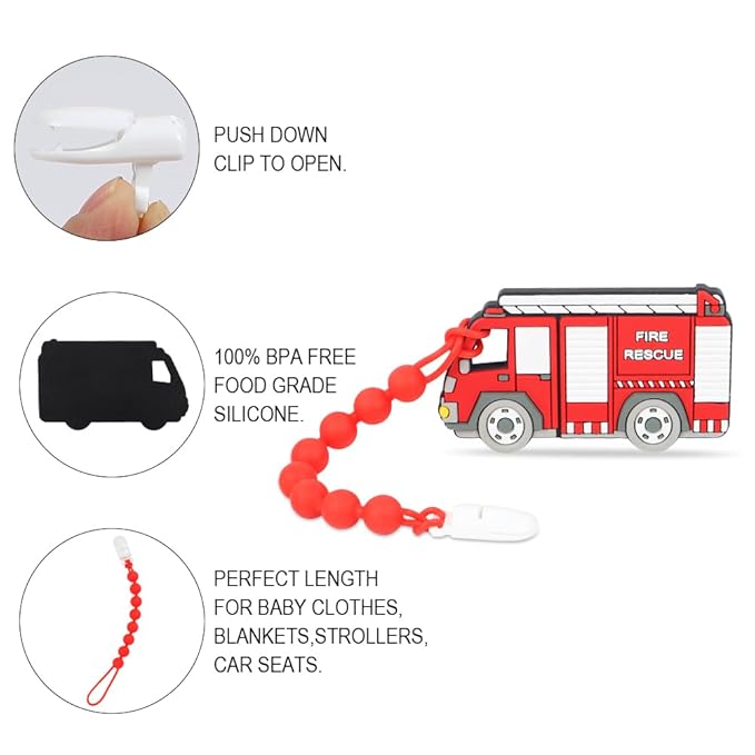 Fire Rescue Truck Teether, Baby Construction Vehicles Teething Toys, Food Grade Silicone Teether with One-Piece Pacifier Clip Holder, BPA Free, Freezer Safe, 3 Months+, Fire Rescue Truck color