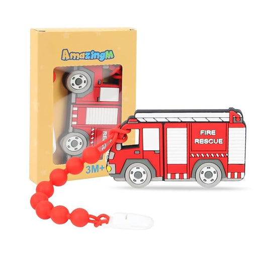 Baby Food Grade Silicone Carrier Vehicle Teether Toy with Pacifier Clip Holder,Teething Toys Gift Set for 3 Months+ Boys and Girls,Freezer Safe,BPA Free. (Fire Truck)