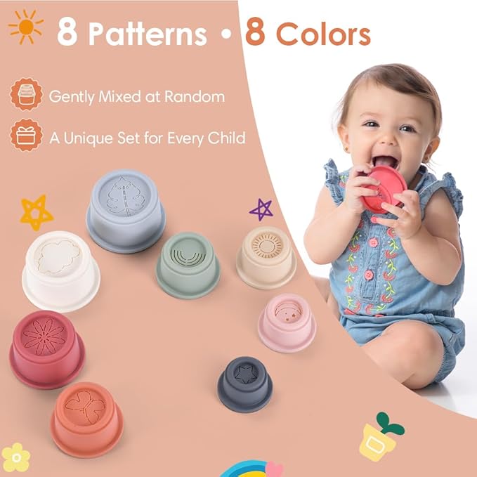 ZYFLSQ Stacking Cups Baby Toy, 8-Piece Set - Nesting Cups for Babies 6 Months+, Bath Toys for Kids as Gift, Montessori Educational Toys for Toddler Gift