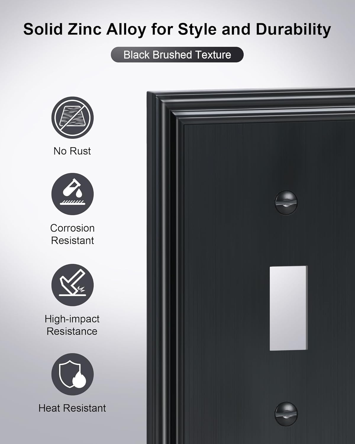 2-Pack Single Toggle Light Switch Cover Plate, Durable Solid Zinc Alloy Decorative Switch Plate Covers, Black 1 Gang Wall Plate, Corrosion Resistant