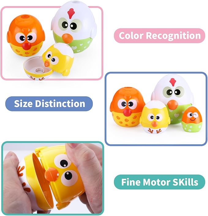 MOONTOY Chicken Toddler Easter Eggs Toys, Nesting Dolls Stacking Toys for Toddlers 1-3 Matching Shape Sorters Sensory Preschool Learning Baby Easter Basket Stuffers Gifts 6-12 12-18 Months, 1 Year Old