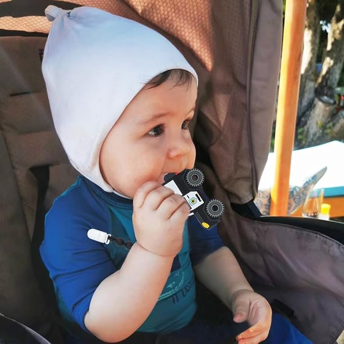Baby Construction Vehicles Teething Toys,Food Grade Silicone Teether with One-Piece Pacifier Clip Holder,Shower Gift for 3 Months+ Boy and Girl,BPA Free,Freezer Safe. (Police Car)