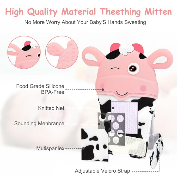 2Pack Silicone Teething Mitt, Cow Baby Teething Toy for 0-6 6-12 Months, Food Grade Silicone Infant Teething Mitten, BPA-Free Baby Chew Toys for Pain Relief, Sucking Needs