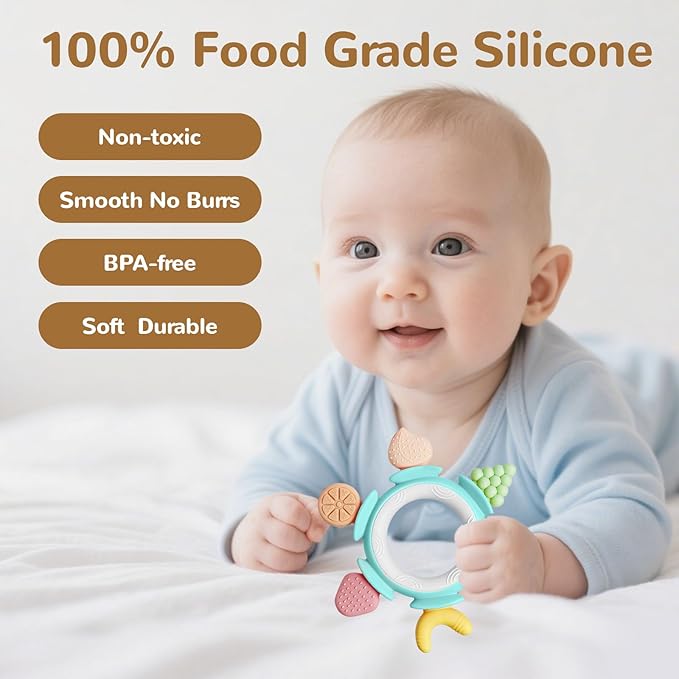 Hooku Silicone Teethers for Babies 6-12 Months, Teething Toys for Babies 0-6 Months, Baby Fruit Teethering Rings, BPA Free Baby Chew Toys, Infants Gifts
