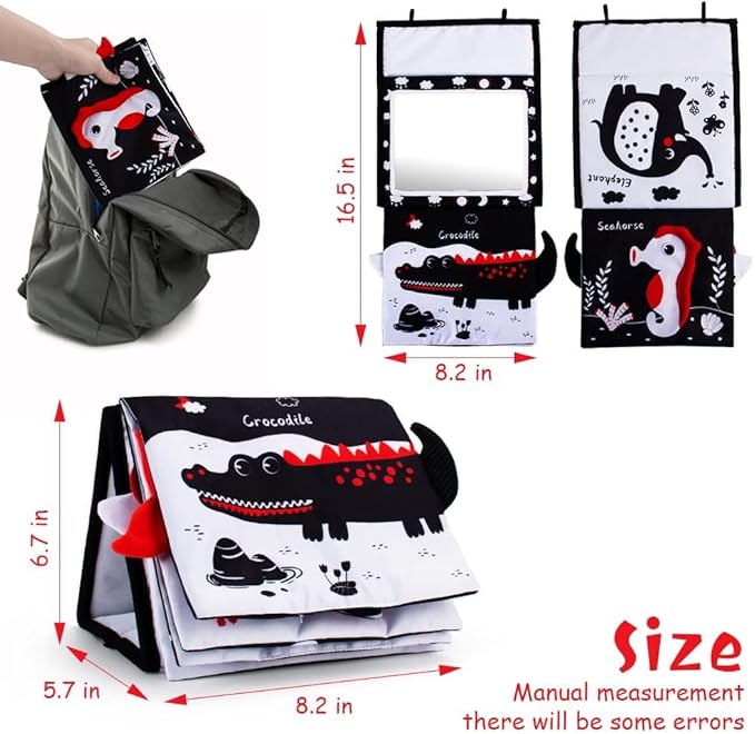 Tummy Time Mirror, Baby Tummy Time Toys with Soft Book, Black and White High Contrast Baby Toys, 3D Activity Sensory Montessori Toys Crawling Mat