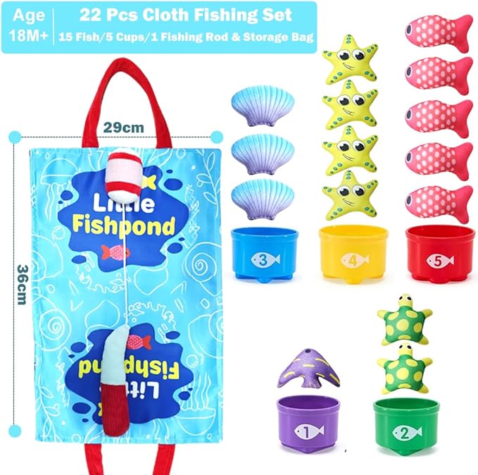 Montessori Toys for 1 Year Old, Cloth Fishing Game Toddler Toys with Stacking Cups, 22 Pcs Sorting Learning Baby Toys 12-18 Months, Birthday Gifts for 1 2 3 Year Old Boys Girls