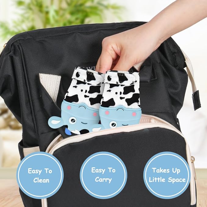 2Pack Silicone Teething Mitt, Cow Baby Teething Toy for 0-6 6-12 Months, Food Grade Silicone Infant Teething Mitten, BPA-Free Baby Chew Toys for Pain Relief, Sucking Needs