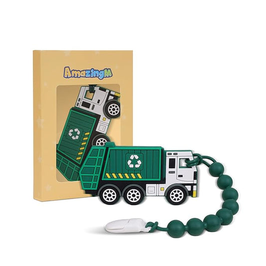 Baby Food Grade Silicone Carrier Vehicle Teether Toy with Pacifier Clip Holder,Teething Toys Gift Set for 3 Months+ Boys and Girls,Freezer Safe,BPA Free.(Garbage Truck)
