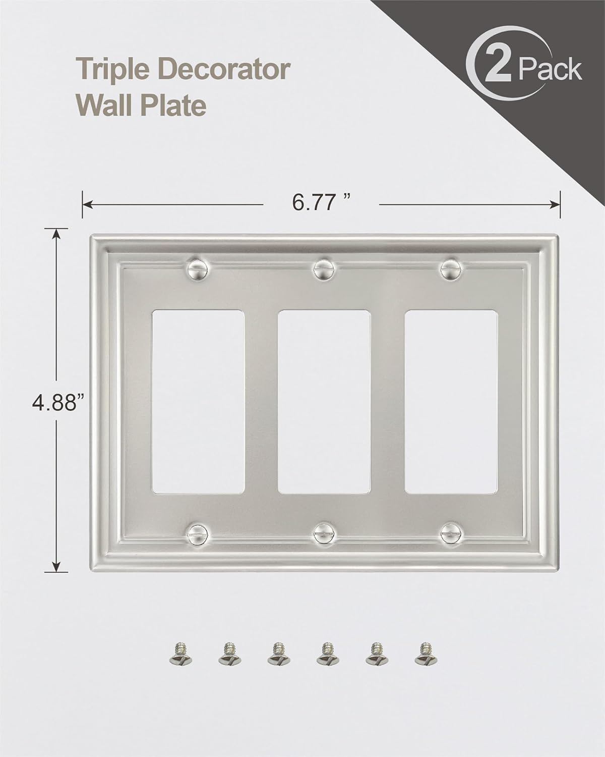 2-Pack Triple Decorator Wall Plate, 3 Gang Wall Plate for GFCI Outlet, Dimmer Switch, Receptacle Cover, Satin Nickel, 6.77 * 4.88, Midsize