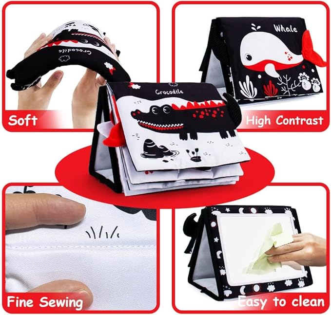 Tummy Time Mirror, Baby Tummy Time Toys with Soft Book, Black and White High Contrast Baby Toys, 3D Activity Sensory Montessori Toys Crawling Mat