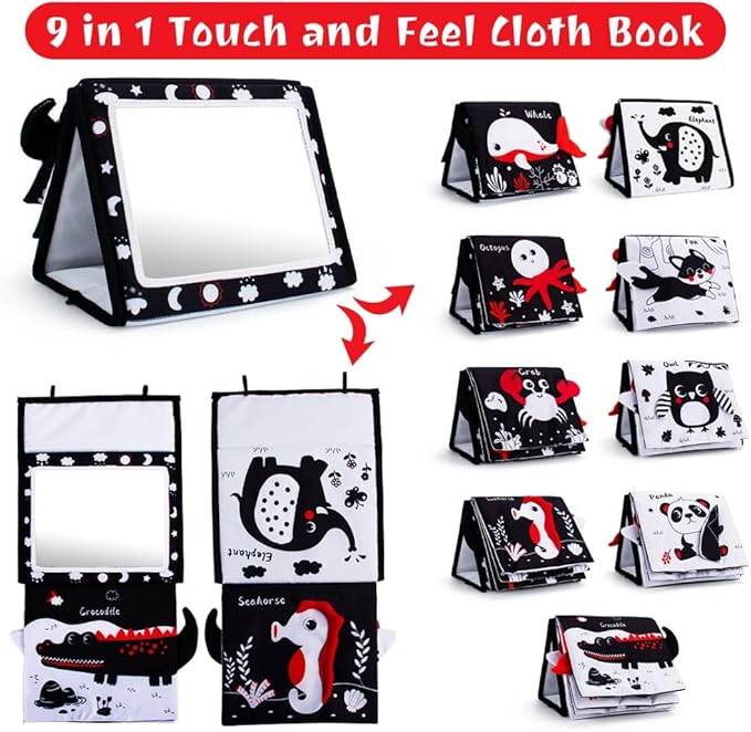 Tummy Time Mirror, Baby Tummy Time Toys with Soft Book, Black and White High Contrast Baby Toys, 3D Activity Sensory Montessori Toys Crawling Mat