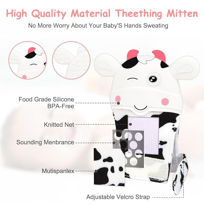 2Pack Silicone Teething Mitt, Cow Baby Teething Toy for 0-6 6-12 Months, Food Grade Silicone Infant Teething Mitten, BPA-Free Baby Chew Toys for Pain Relief, Sucking Needs