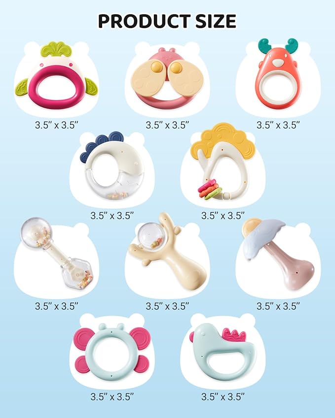 Baby Rattles & Teethers Toys 10-Piece Set, Sensory Toys for 0-12 Months Newborn Infants，Developmental Baby Shower Gift with Gift Box for Boys and Girls(BPA Free)
