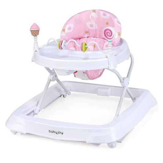 BABY JOY Baby Walker, Foldable Activity Walker with Adjustable Height, Large Tray & Removable Toys, Baby Walker with Wheels for Boys Girls 6-18 Months (Pink, Swan Pattern)