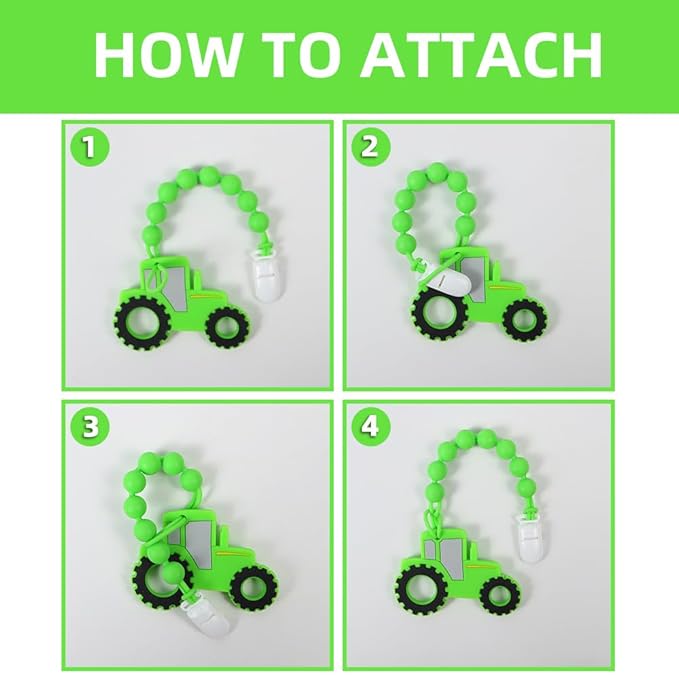 Baby Food Grade Silicone Tractor Truck Teether Toy with One Piece Design Pacifier Clip Holder,Teething Toys Gift Set for 3 Months+ Boys and Girls,Freezer Safe,BPA Free. (Green)