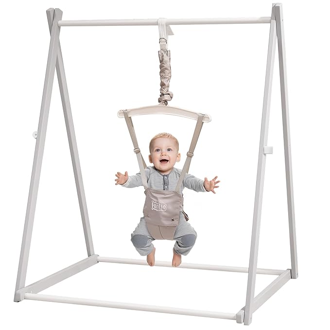 FUNLIO Montessori Wooden Baby Jumper with Stand for 6-36 Months, Adjustable Baby Bouncer for Indoor/Outdoor Play, Foldable Toddler Jumper for Baby Girl/Boy, Easy to Assemble & Store - Grey