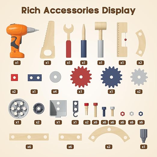 BIERUM Kids Tool Bench - Wooden Toddler Tool Bench with Electric Drill, Kids Workbench Playset with Realistic Tools, Tool Bench for Kids Ages 1-3 3-5, Pretend Play Construction Toy Gift for Toddler