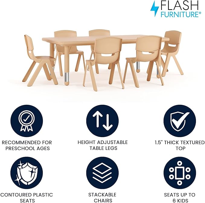 Flash Furniture Adjustable Classroom Activity Table with 6 Stackable Chairs, Rectangular Plastic Activity Table for Kids, 24" W x 48" L, Natural