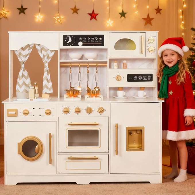 Wooden Play Kitchen Set with Ice Maker, Water Dispenser, Coffee Maker,Big Toddler Toy Kitchens Playset with Washing Machine,Sink with Running Water, Stove with Light&Sound,Gift for 3+boy Girl (White)