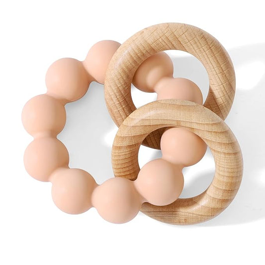 Socub Baby Teething Toys for 0-6 6-12 Months- BPA-Free Food-Grade Silicone & Natural Beech Wood Teether Ring for Newborn Infants Teething Relief- Easy-Grip Sensory Rattle Toys(Blush)