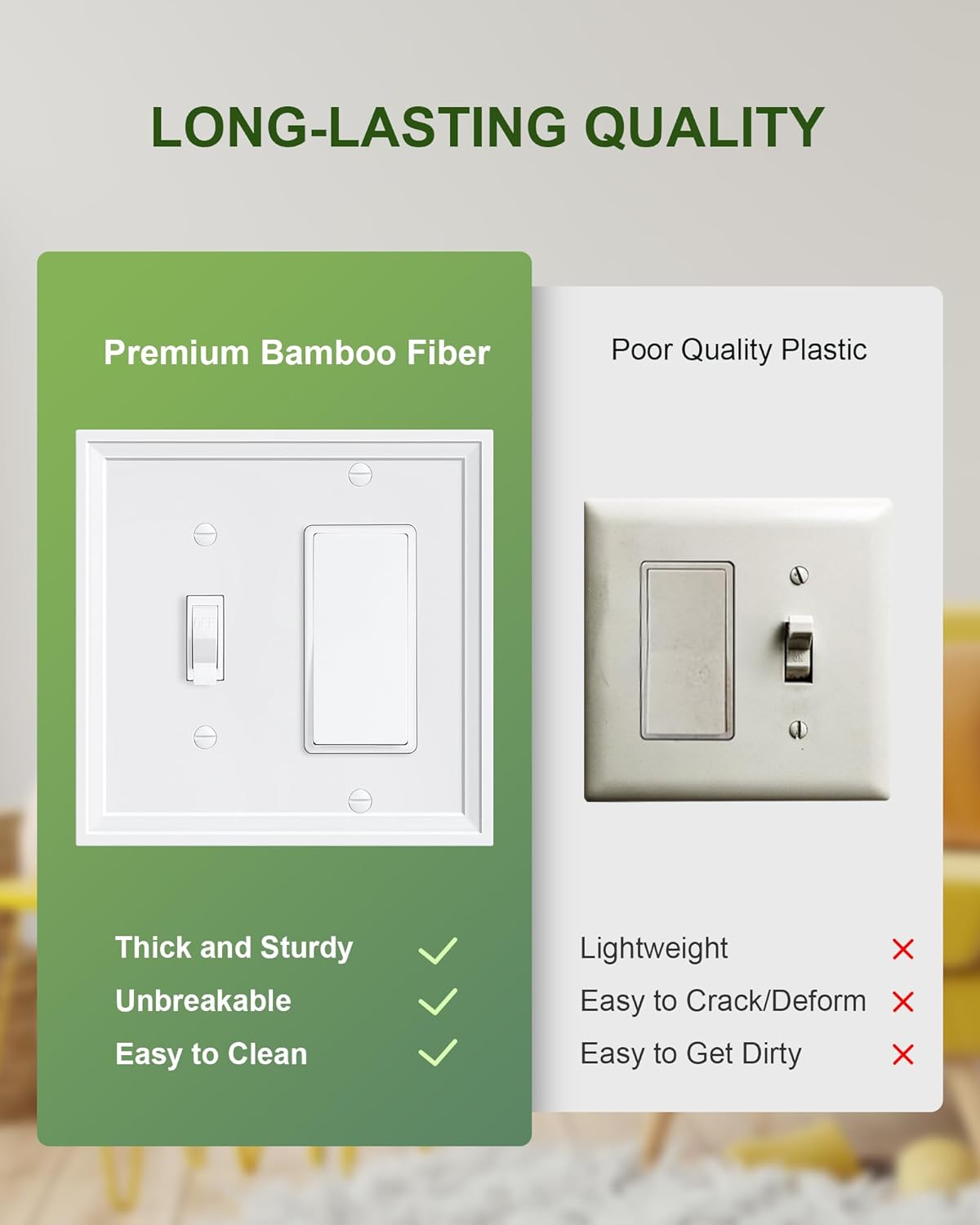 2-Pack Combo Toggle/Decorator Light Switch Cover Plate, White Decorative Electrical Outlet Covers, Bamboo Fiber Wall Switch Plates and Outlet Covers