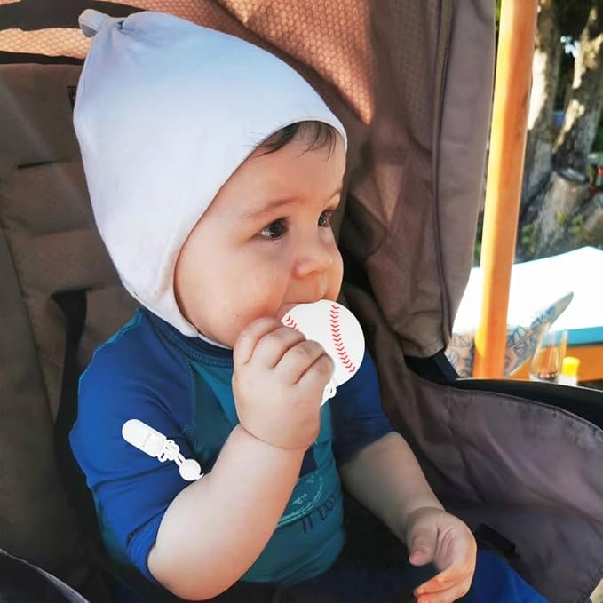 Baby Sports Ball Teething Toys,Food Grade Silicone Teether with One-Piece Pacifier Clip Holder,Shower Gift,Teething Pain Relief for 3 Months+ Boy and Girl,BPA Free,Freezer Safe. (Baseball)