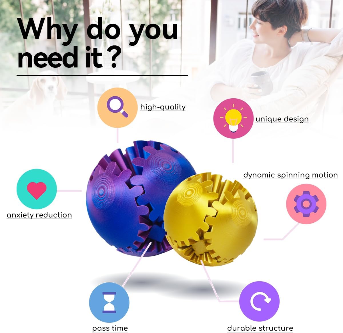 3D Printed Gear Ball ，Gear Ball Spin Ball or Cube Fidget Toy，Gear Sphere Desk Toy,Gift for Stress and Anxiety Relief (purple)