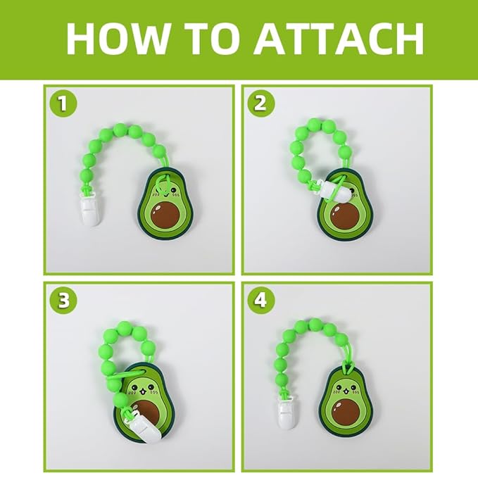 Baby Food Grade Silicone Teether Toy with Pacifier Clip Holder,Teething Toys Gift Set for 3 Months+ Boys and Girls,Freezer Safe,BPA Free. (Avocado)