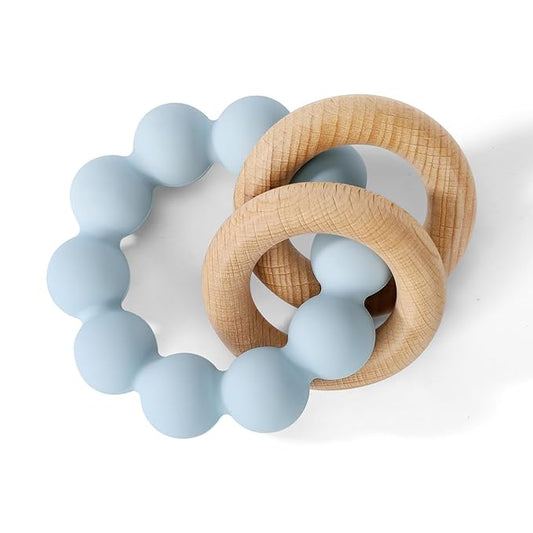 Socub Baby Teething Toys for 0-6 6-12 Months | BPA-Free Food-Grade Silicone & Natural Beech Wood Teether Ring for Newborn Infants Teething Relief | Easy-Grip Sensory Rattle Toys(Baby Blue)