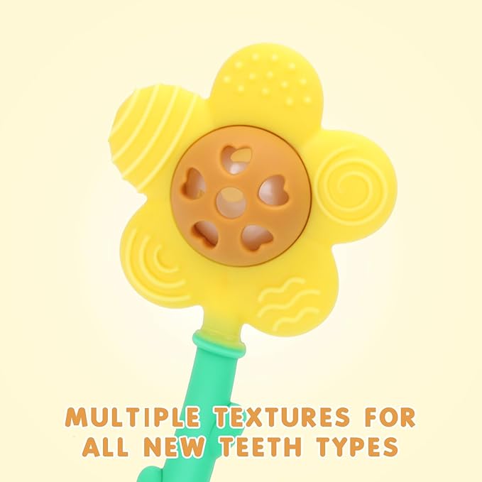 Baby Teething Toys 3-6 Months, Teether and Sensory Rattle for Babies 0-6 Months, Food Grade Silicone Teethers 6-12 Months, Infant Teething Relief Chew Toys, Sunnyflower Teether Toy BPA Free - Yellow