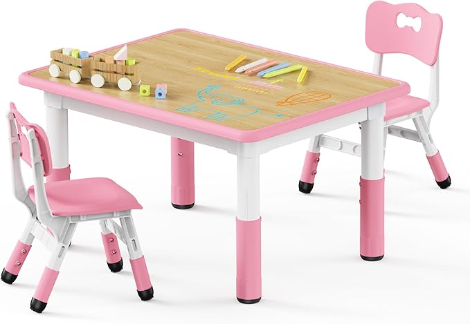 Brelley Kids Table and 2 Chairs Set, Height Adjustable Toddler Desk 31.5" L x 23.6" W and Chair Set, Graffiti Desktop, Classroom/Daycare/Home, Children Multi-Activity Table for Ages 2-8