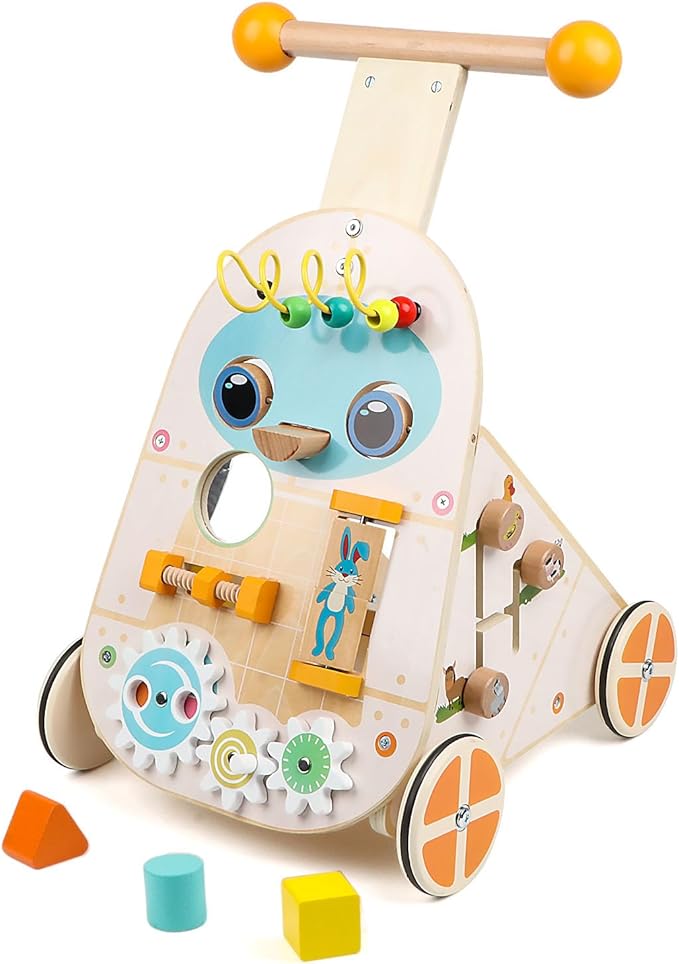 Wooden Push Walker, Adjustable Speed Baby Push Walker Activity Center Toys, Wooden Baby Walker Push and Pull Learning Activity Walker, Learning & Walking Toy for Boys Girls