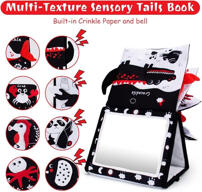 Tummy Time Mirror, Baby Tummy Time Toys with Soft Book, Black and White High Contrast Baby Toys, 3D Activity Sensory Montessori Toys Crawling Mat