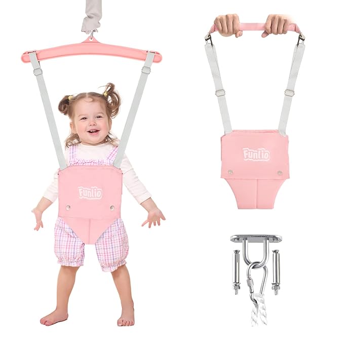 FUNLIO 2 in 1 Baby Jumper with a Ceiling Hook, Baby Walking Harness for 6-24 Months, Infant Jumper for Indoor/Outdoor Play, Infant Jumper Doorway with Adjustable Chain, Easy to Assemble & Store - Pink