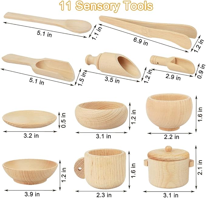 Montessori Sensory Bin Tools: 1 Wooden Box + 11 Sensory Tools for Toddlers & Preschool Children - Fine Motor Learning Pretend Play