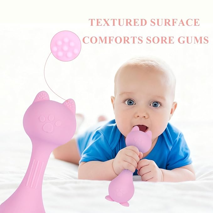 Baby Rattle Teething Toys Cat Silicone Teether Rattles for Baby 0-36 Months Food Grade Silicone (Pink)