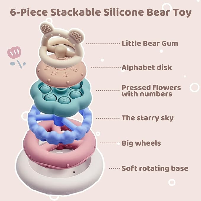 Baby Bear Teething & Stacking Toy Set - Teething Toys Silicone Teethers, Soft Baby Stacker Rings Teether, Learning Toy Gift for Boys and Girls 6+ Months (Pink)