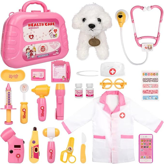 Meland Toy Doctor Kit for Girls - Pretend Play Doctor Set with Carrying Case,Stethoscope Toy & Dress Up Costume - Doctor Play Set for Girls Toddlers Ages 3 4 5 6 Year Old for Role Play Gift