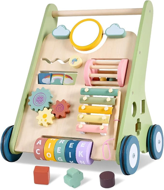 11-in-1 Montessori Baby Walker Toddlers Push Walker Wooden Activity Center Gift for 1 Year Old Boys Girls, Adjustable Speed & Quiet Wheels Learning to Walk Sensory Toys Baby Sit-to-Stand Walking Toys