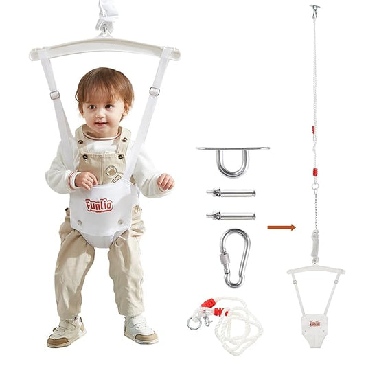 FUNLIO Baby Jumper with a Ceiling Hook for 6-24 Months, Infant Jumper Doorway with Adjustable Chain, Baby Door Jumper for Indoor/Outdoor Play, Easy to Assemble & Store (with a Ceiling Hook) - White