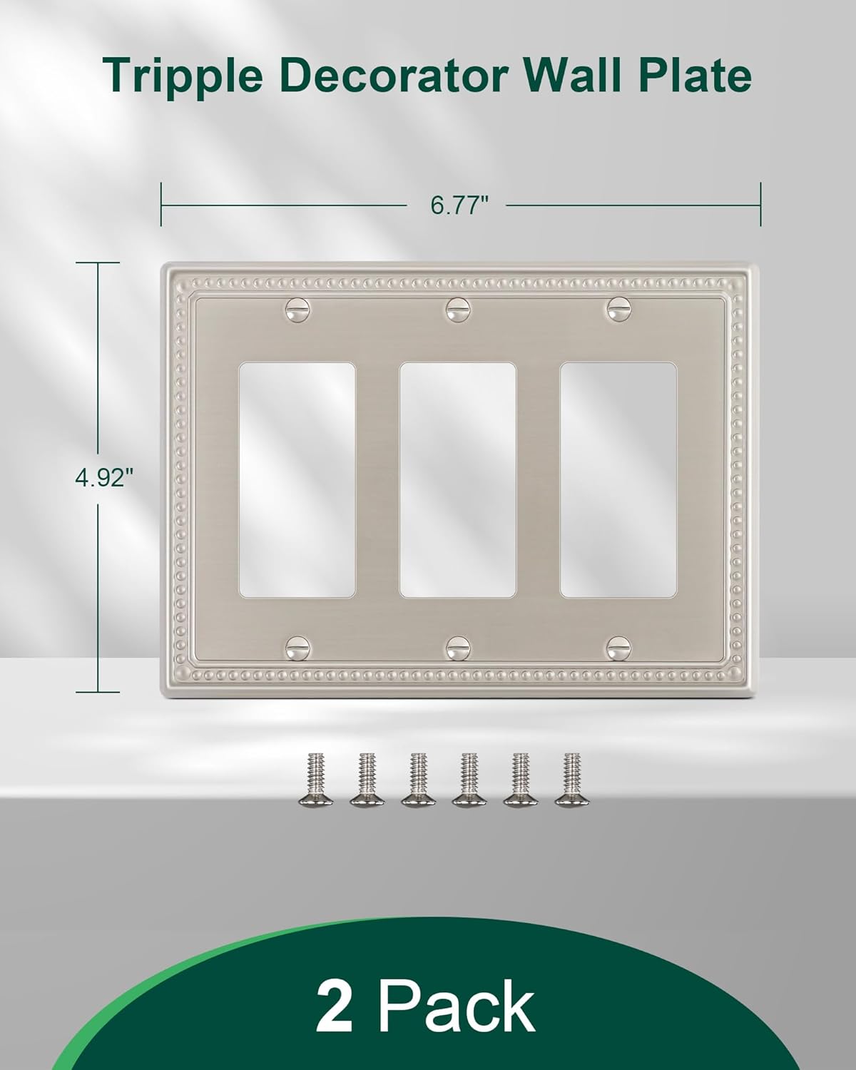 2-Pack Triple Decorator Outlet Cover Plate, Brushed Nickel Pearls Decorative Switch Plates and Outlet Covers, Metal Wall Plates for Electrical Outlets.