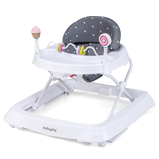 BABY JOY Baby Walker, Foldable Activity Walker with Adjustable Height, Large Tray & Removable Toys, Baby Walker with Wheels for Boys Girls 6-18 Months (Gray, Star Pattern)