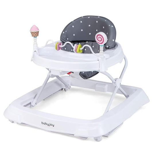 BABY JOY Baby Walker, Foldable Activity Walker with Adjustable Height, Large Tray & Removable Toys, Baby Walker with Wheels for Boys Girls 6-18 Months (Gray, Star Pattern)