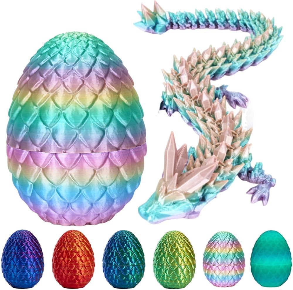 3D Printed Dragon Fidget Toys Dragon Egg 12inch Flexible Dragon Toy 3D Printed Dragon Egg with Articulated Dragon Inside Fidget Toys for Autism/ADHD Easter Toys Gifts(RainbowMulti)
